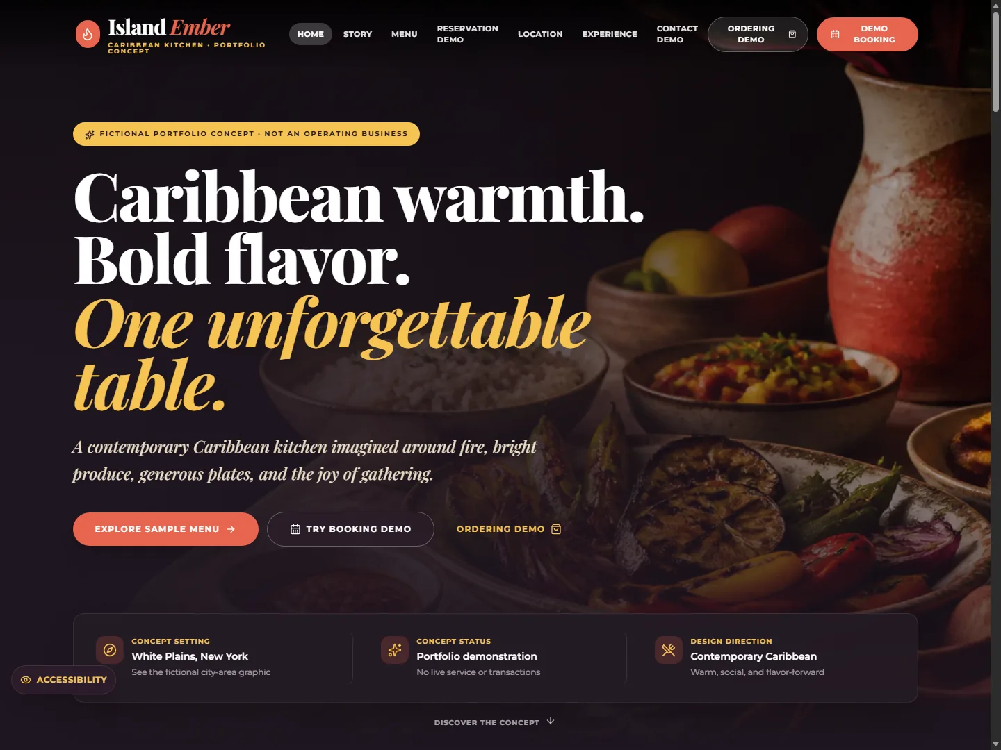 Island Ember Caribbean Restaurant demonstration website homepage